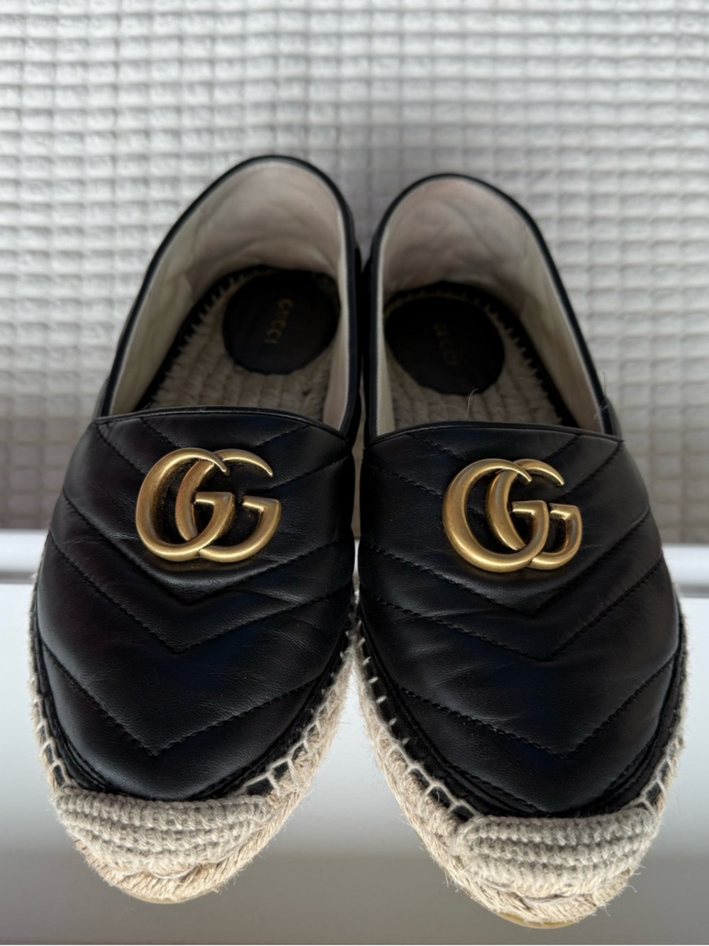 Gucci Black Quilted Leather Espadrille Flats with Gold Double G - Picture 2 of 5